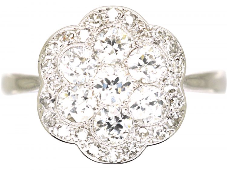 Edwardian Platinum, Diamond Custer Ring with Scalloped Edge