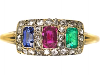 Edwardian 18ct Gold, Ruby, Emerald, Sapphire & Rose Diamond Triple Ring