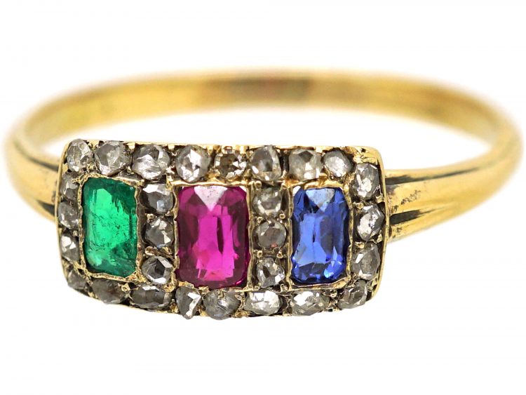 Edwardian 18ct Gold, Ruby, Emerald, Sapphire & Rose Diamond Triple Ring