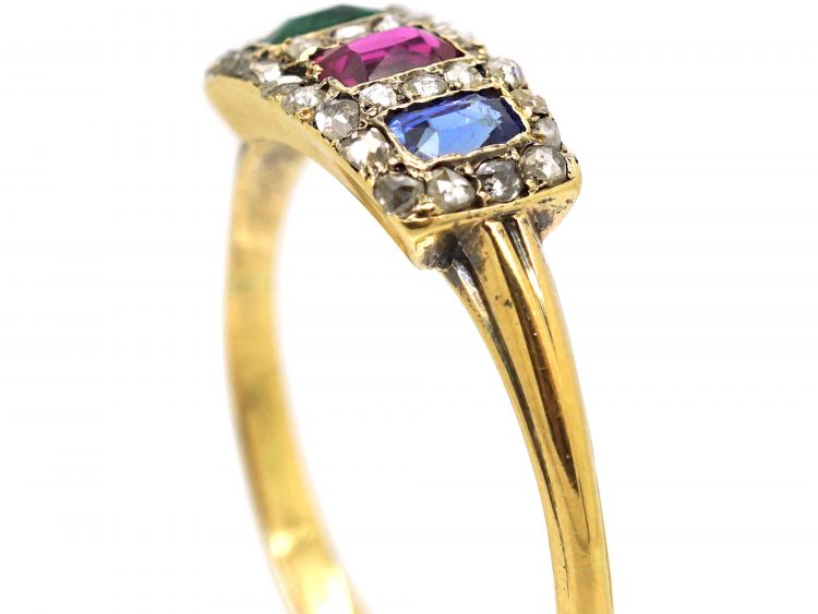 Edwardian 18ct Gold, Ruby, Emerald, Sapphire & Rose Diamond Triple Ring