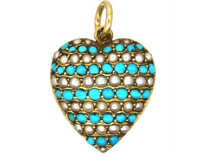 Edwardian 15ct Gold Heart Pendant set with Turquoise & Natural Split Pearls