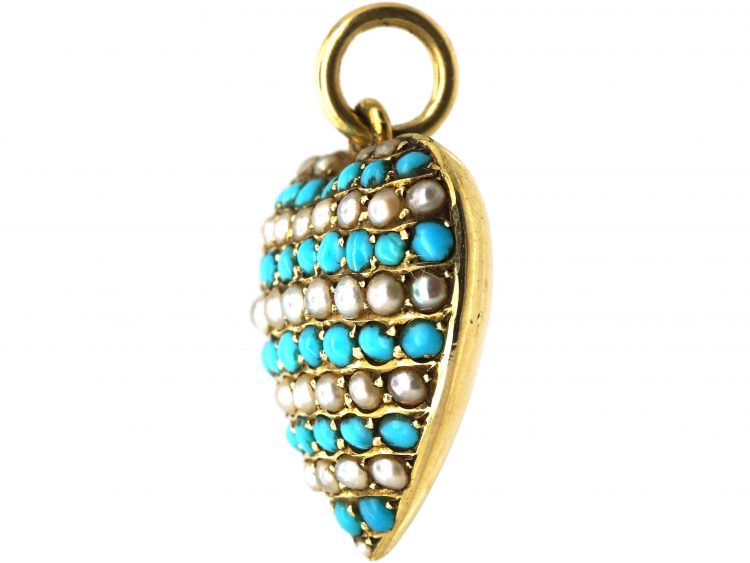 Edwardian 15ct Gold Heart Pendant set with Turquoise & Natural Split Pearls