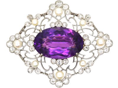 Edwardian Platinum, Amethyst, Bouton Pearls & Diamonds Pendant Brooch