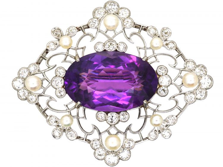 Edwardian Platinum, Amethyst, Bouton Pearls & Diamonds Pendant Brooch