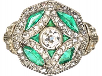 French 18ct Gold & Platinum, Art Deco Emerald & Diamond Octagonal Shaped Ring with Diamond Set Leaf Shoulders