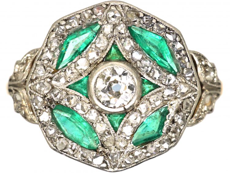 French 18ct Gold & Platinum, Art Deco Emerald & Diamond Octagonal Shaped Ring with Diamond Set Leaf Shoulders