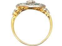 French 18ct Gold & Platinum, Art Deco Emerald & Diamond Octagonal Shaped Ring with Diamond Set Leaf Shoulders