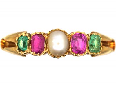 Early 19th Century 18ct Gold, Emerald, Natural Pearl & Ruby Ring
