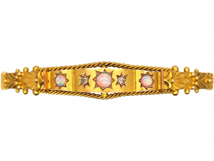Edwardian 9ct Gold Etruscan Revival Bangle set with Opals & Diamonds