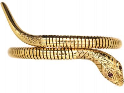1960s 9ct Gold Snake Bangle with Ruby Eyes