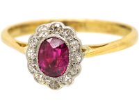 Edwardian 18ct Gold & Platinum, Ruby & Diamond Oval Cluster Ring