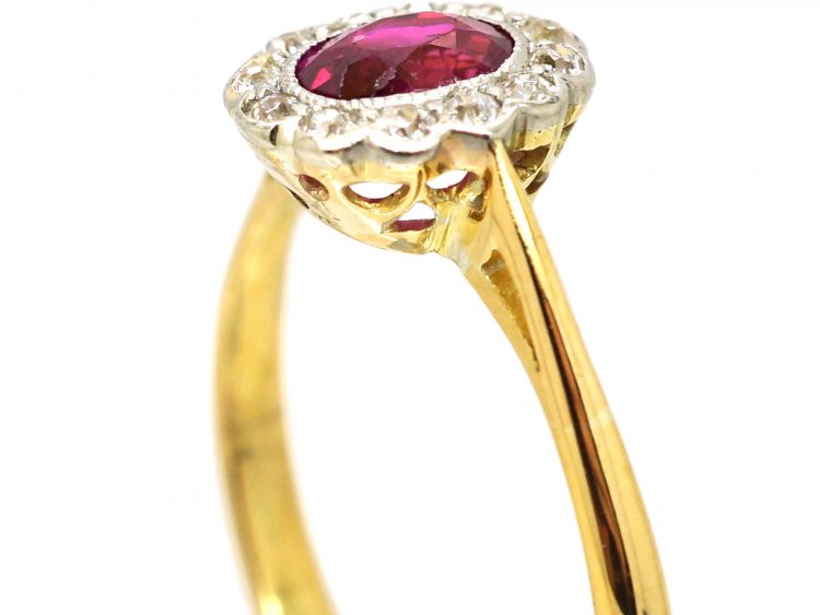 Edwardian 18ct Gold & Platinum, Ruby & Diamond Oval Cluster Ring