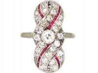 Art Deco Platinum, Ruby & Diamond Swirl Ring