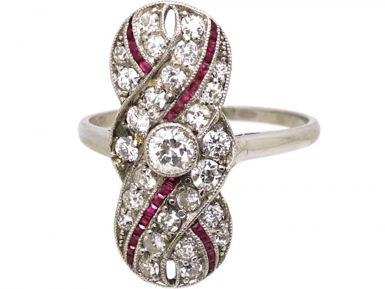 Art Deco Platinum, Ruby & Diamond Swirl Ring