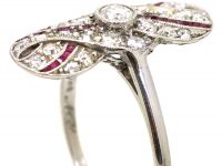 Art Deco Platinum, Ruby & Diamond Swirl Ring