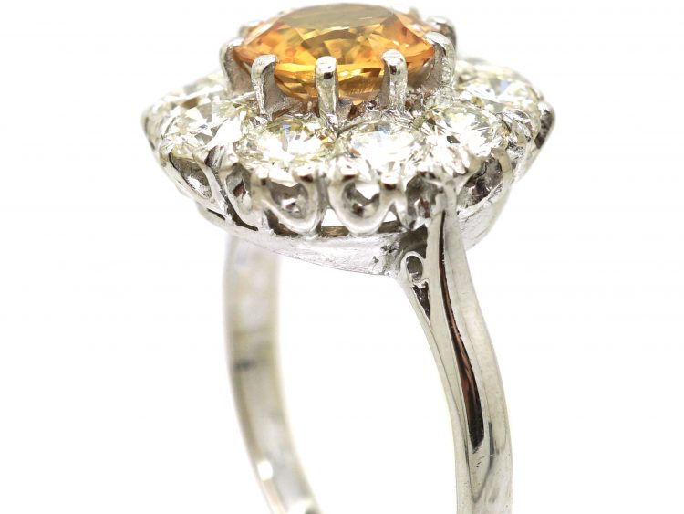 Mid 20th Century 18ct White Gold, Topaz & Diamond Cluster Ring