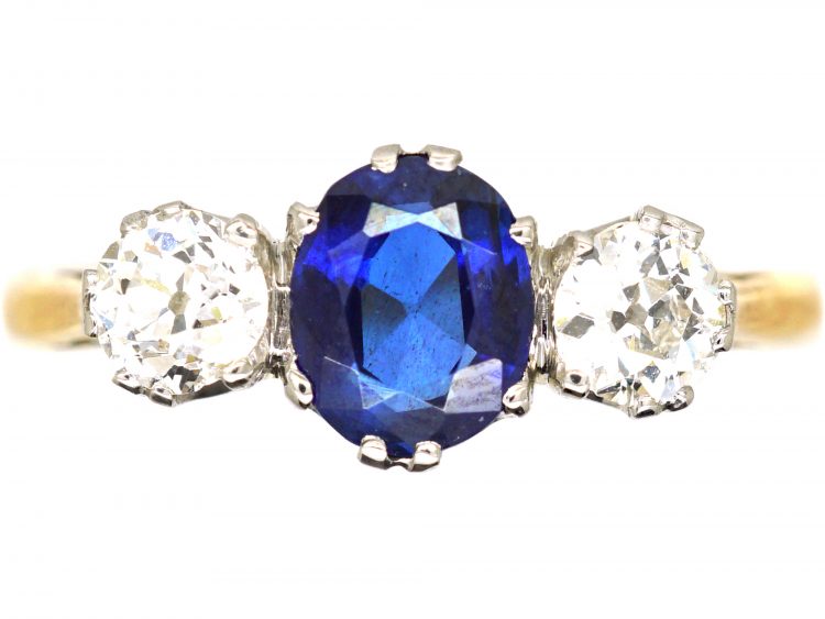 Early 20th Century 18ct Gold & Platinum, Sapphire & Diamond Three Stone Ring
