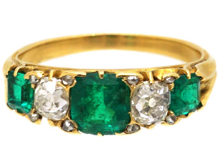 Victorian 18ct Gold, Emerald & Diamond Five Stone Ring