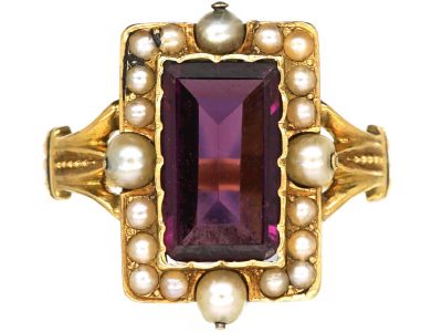French Late 19th Century 18ct Gold, Black Enamel, Almandine Garnet & Natural Split Pearl Ring