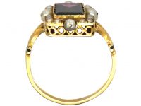 French Late 19th Century 18ct Gold, Black Enamel, Almandine Garnet & Natural Split Pearl Ring