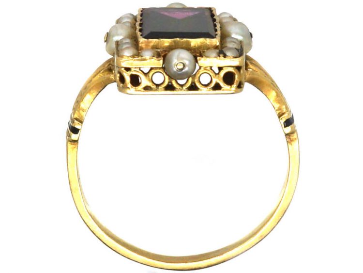 French Late 19th Century 18ct Gold, Black Enamel, Almandine Garnet & Natural Split Pearl Ring