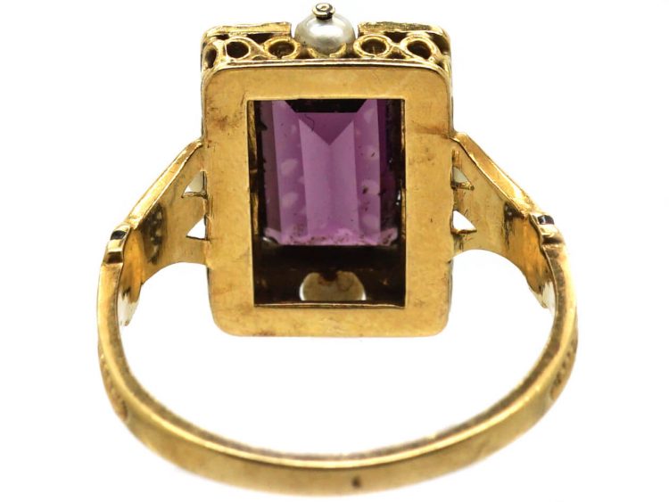 French Late 19th Century 18ct Gold, Black Enamel, Almandine Garnet & Natural Split Pearl Ring