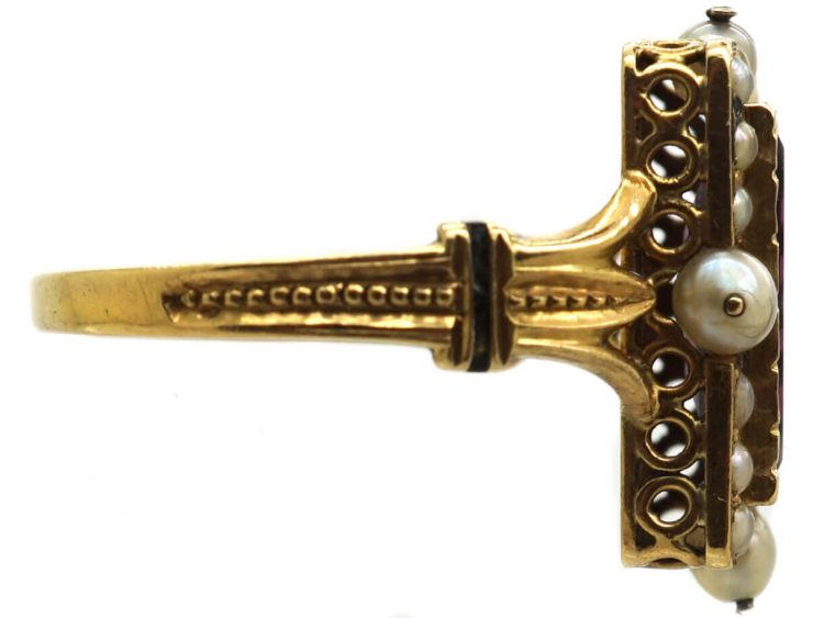 French Late 19th Century 18ct Gold, Black Enamel, Almandine Garnet & Natural Split Pearl Ring