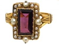 French Late 19th Century 18ct Gold, Black Enamel, Almandine Garnet & Natural Split Pearl Ring