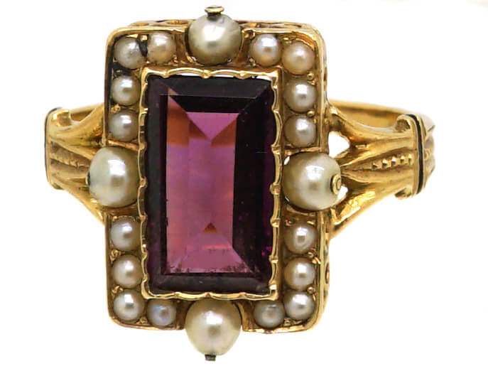 French Late 19th Century 18ct Gold, Black Enamel, Almandine Garnet & Natural Split Pearl Ring