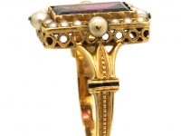 French Late 19th Century 18ct Gold, Black Enamel, Almandine Garnet & Natural Split Pearl Ring