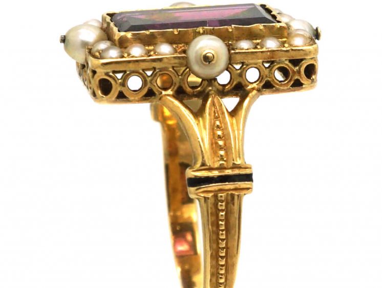French Late 19th Century 18ct Gold, Black Enamel, Almandine Garnet & Natural Split Pearl Ring
