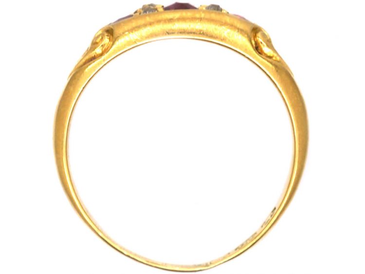 Edwardian 18ct Gold Three Stone Ruby & Diamond Ring with Ornate Shoulders