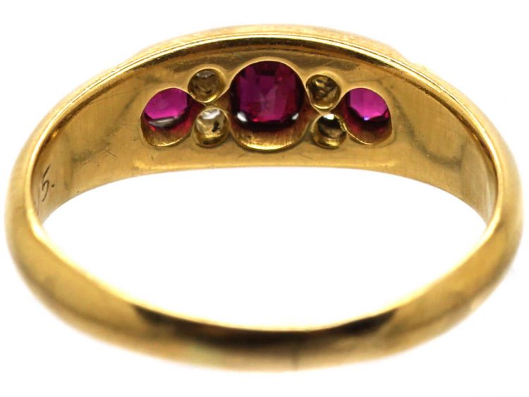 Edwardian 18ct Gold Three Stone Ruby & Diamond Ring with Ornate Shoulders