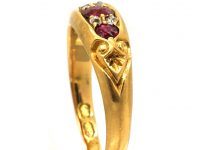 Edwardian 18ct Gold Three Stone Ruby & Diamond Ring with Ornate Shoulders