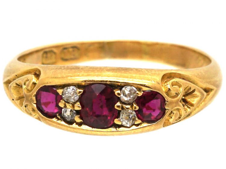 Edwardian 18ct Gold Three Stone Ruby & Diamond Ring with Ornate Shoulders