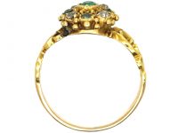 Georgian 15ct Gold Emerald & Diamond Cluster Ring with Ornate Shoulders