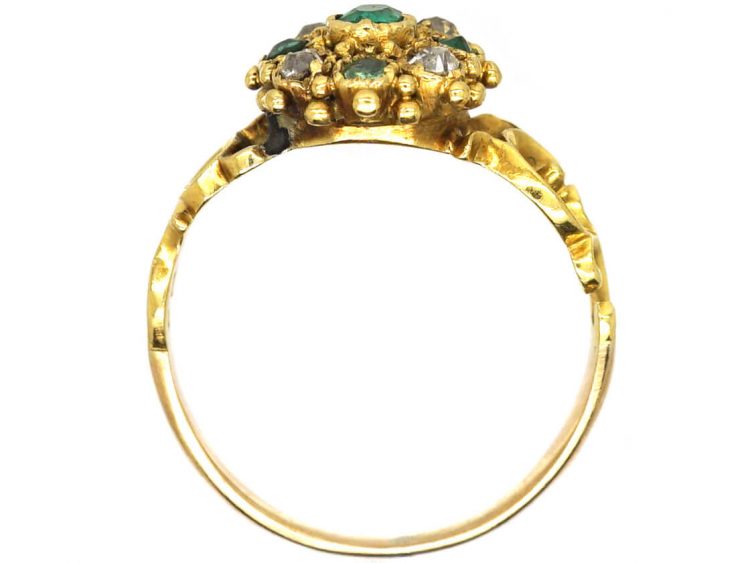 Georgian 15ct Gold Emerald & Diamond Cluster Ring with Ornate Shoulders