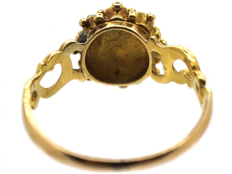 Georgian 15ct Gold Emerald & Diamond Cluster Ring with Ornate Shoulders