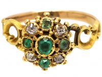 Georgian 15ct Gold Emerald & Diamond Cluster Ring with Ornate Shoulders