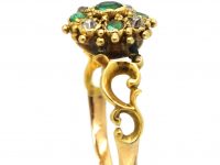 Georgian 15ct Gold Emerald & Diamond Cluster Ring with Ornate Shoulders