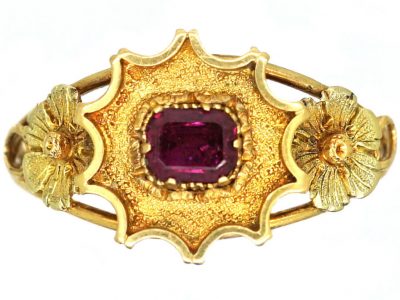 Georgian Two Colour 15ct Gold Ring set with a Ruby with Flower Shoulders