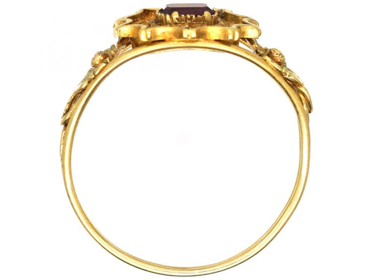 Georgian Two Colour 15ct Gold Ring set with a Ruby with Flower Shoulders