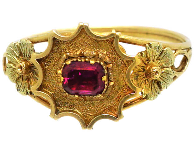 Georgian Two Colour 15ct Gold Ring set with a Ruby with Flower Shoulders