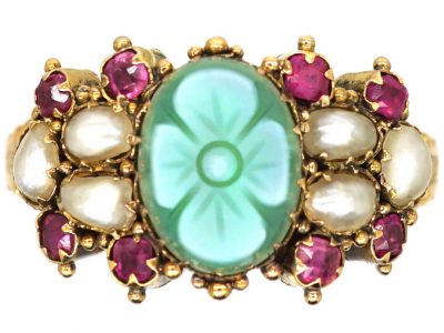 Victorian 15ct Gold, Green Chalcedony, Ruby & Natural Split Pearl Ring