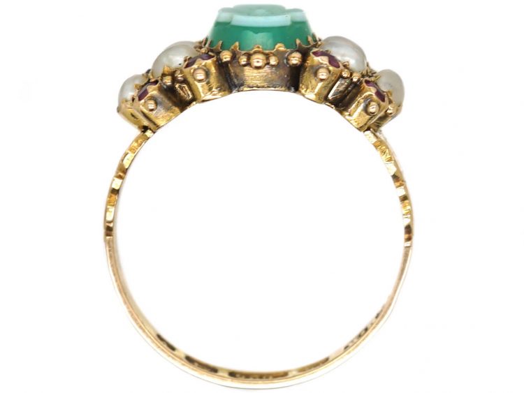 Victorian 15ct Gold, Green Chalcedony, Ruby & Natural Split Pearl Ring