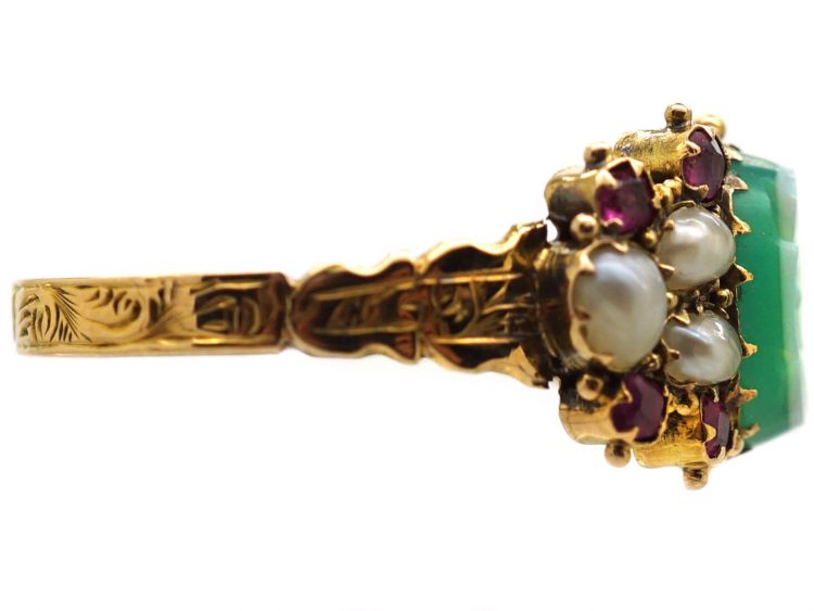 Victorian 15ct Gold, Green Chalcedony, Ruby & Natural Split Pearl Ring