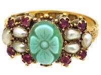 Victorian 15ct Gold, Green Chalcedony, Ruby & Natural Split Pearl Ring