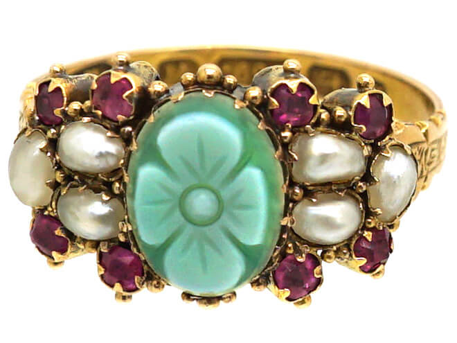 Victorian 15ct Gold, Green Chalcedony, Ruby & Natural Split Pearl Ring