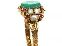 Victorian 15ct Gold, Green Chalcedony, Ruby & Natural Split Pearl Ring