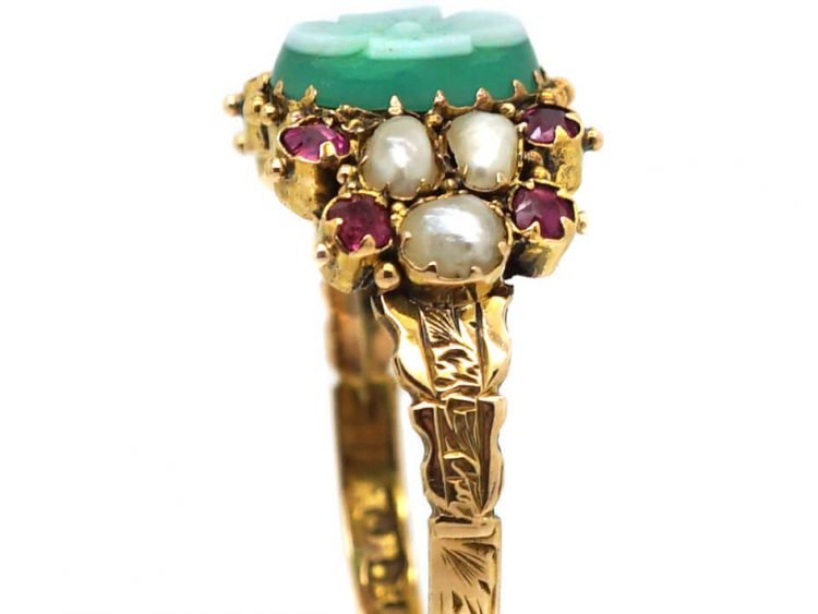Victorian 15ct Gold, Green Chalcedony, Ruby & Natural Split Pearl Ring